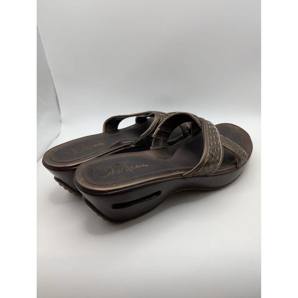 Cole Haan Womens Metallic Bronze Woven Leather Wedge Slide Sandals Platform 7.5B